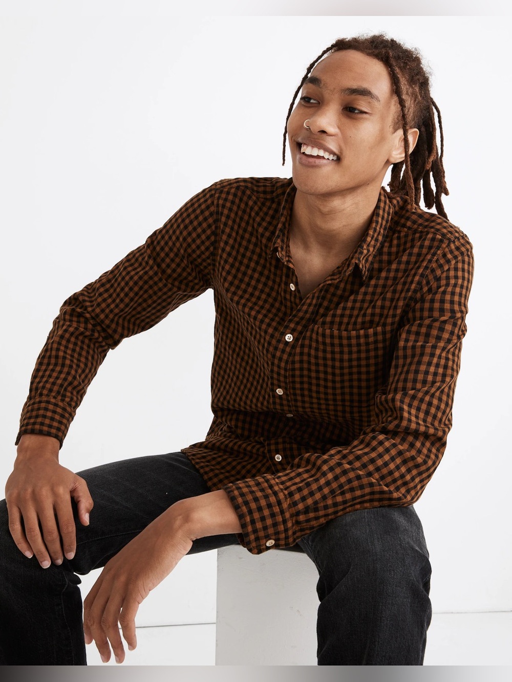 Madewell Double-Weave Perfect Shirt Gingham Check Dried Cider Brown Mens Large